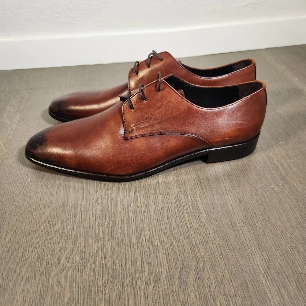 Vellapais Men's Brown Burnished Leather Derby Dress Shoes Size 14 EU 49 48549